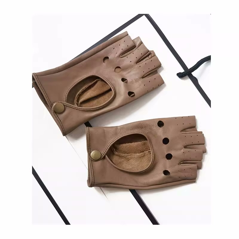 Leather Driving Glove - 女性用天然シープスキンレザー中空アウトセミフィンガーグローブ女性用パーティーダンス用1875