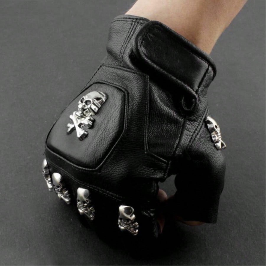 Leather Driving Glove - メンズ用、本革製、スカル柄、パンク・ロック風、運転用、バイク用、指先が開いたグローブ、sm25051313996018177