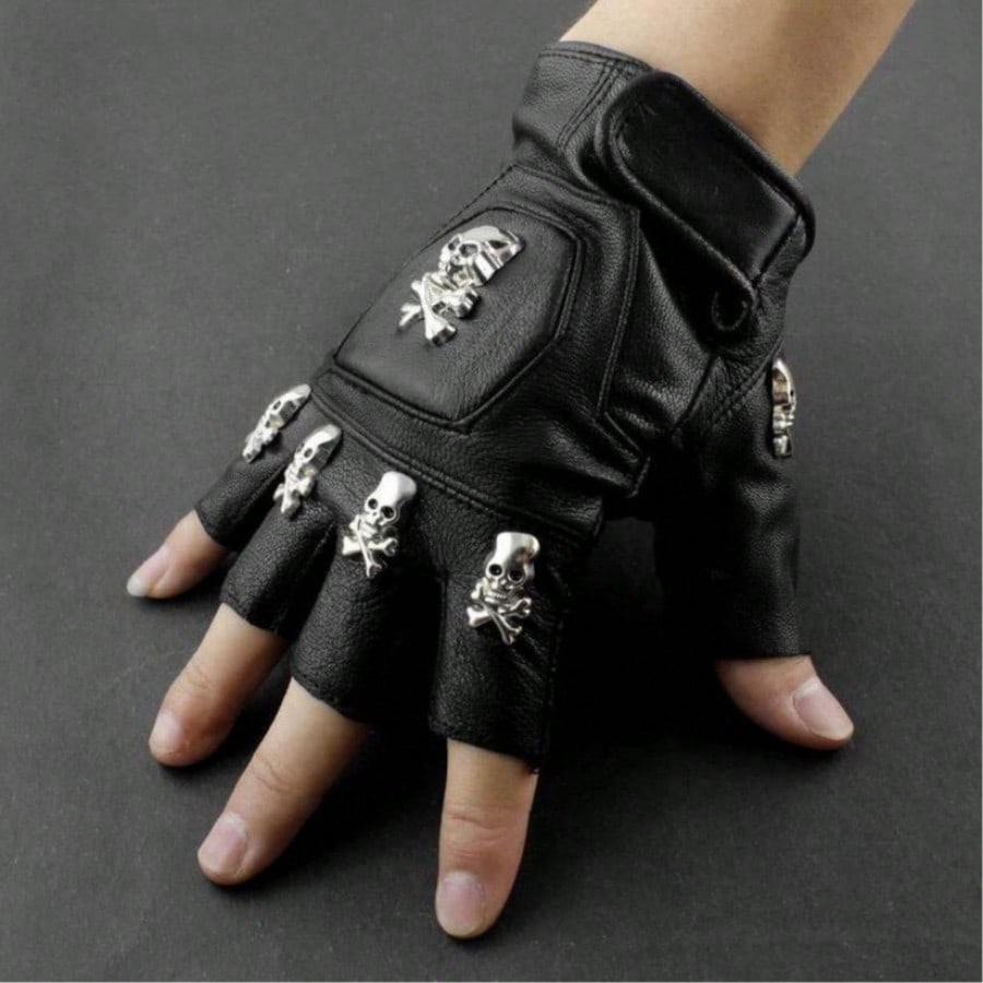 メンズ用、本革製、スカル柄、パンク・ロック風、運転用、バイク - Leather Driving Glove のレビューと価格